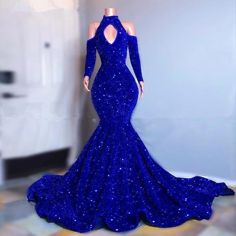 Robe de bal longue sirène à manches longues scintillantes jusqu'au sol