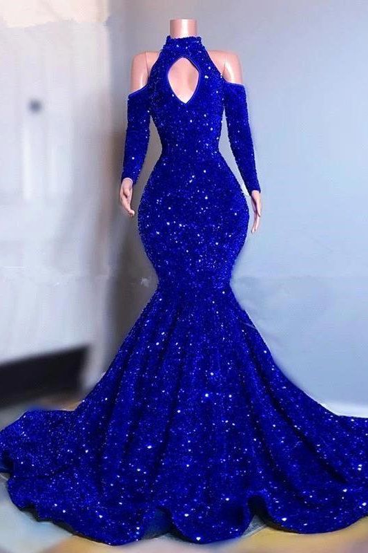 Robe de bal longue sirène à manches longues scintillantes jusqu'au sol