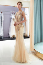Sparkly Mermaid Sleeveless Golden Sequins Beading Formal Party Dress