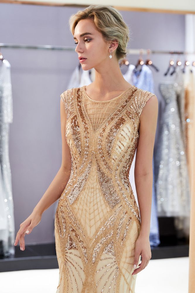 Sparkly Mermaid Sleeveless Golden Sequins Beading Formal Party Dress