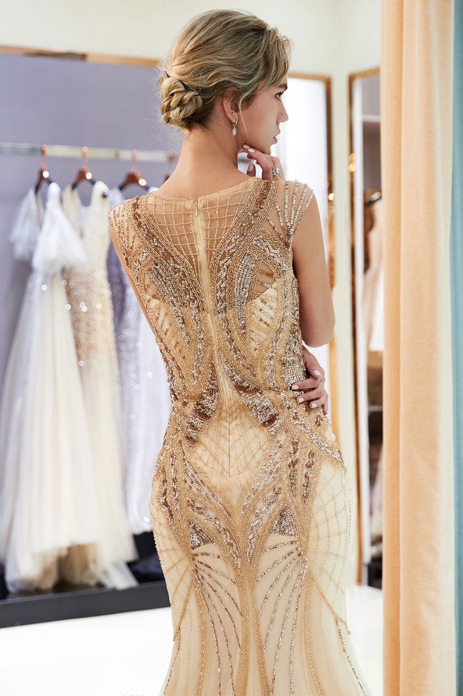 Sparkly Mermaid Sleeveless Golden Sequins Beading Formal Party Dress