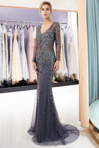 Sparkly Mermaid V-neck Long Sleeves Beading Evening Dresses