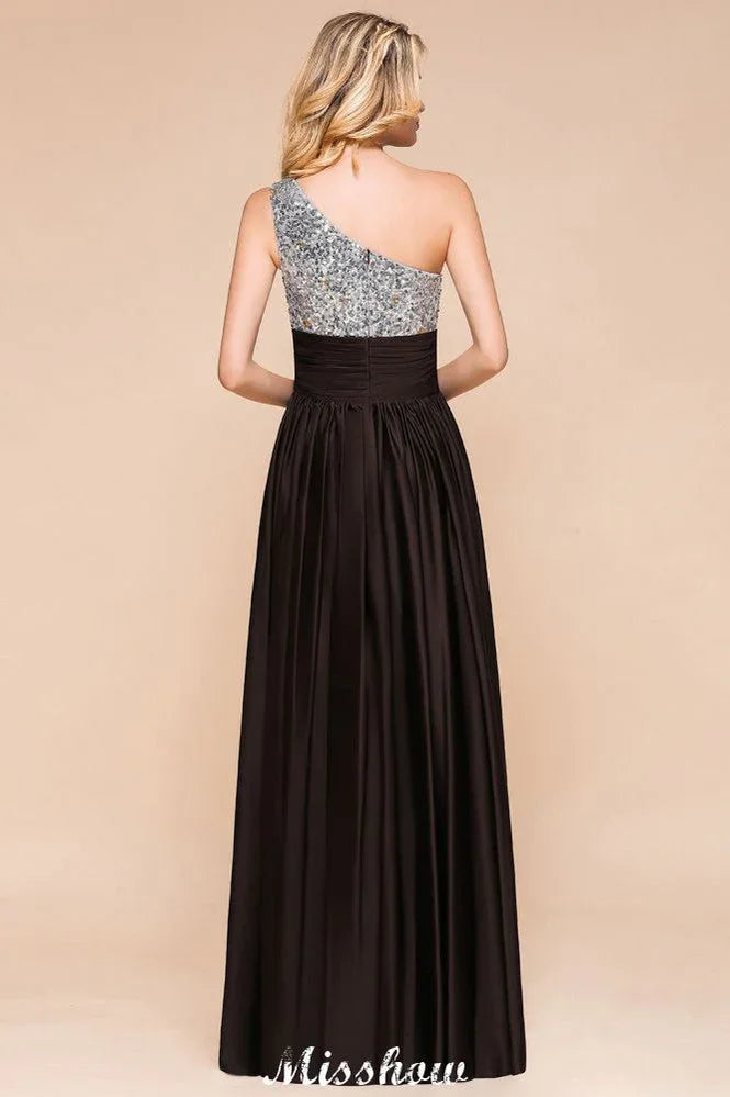 Glänzendes Pailletten-Kleiderjungfernkleid mit einer Schulter, langes Abendkleid, Hochzeitsfeierkleid