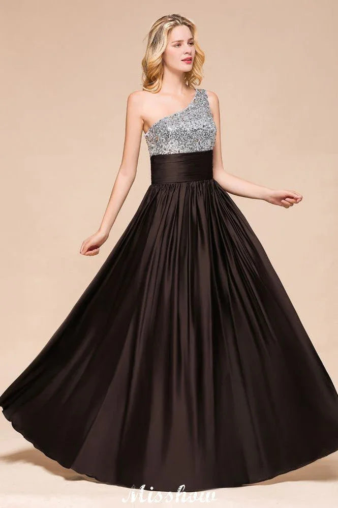 Glänzendes Pailletten-Kleiderjungfernkleid mit einer Schulter, langes Abendkleid, Hochzeitsfeierkleid