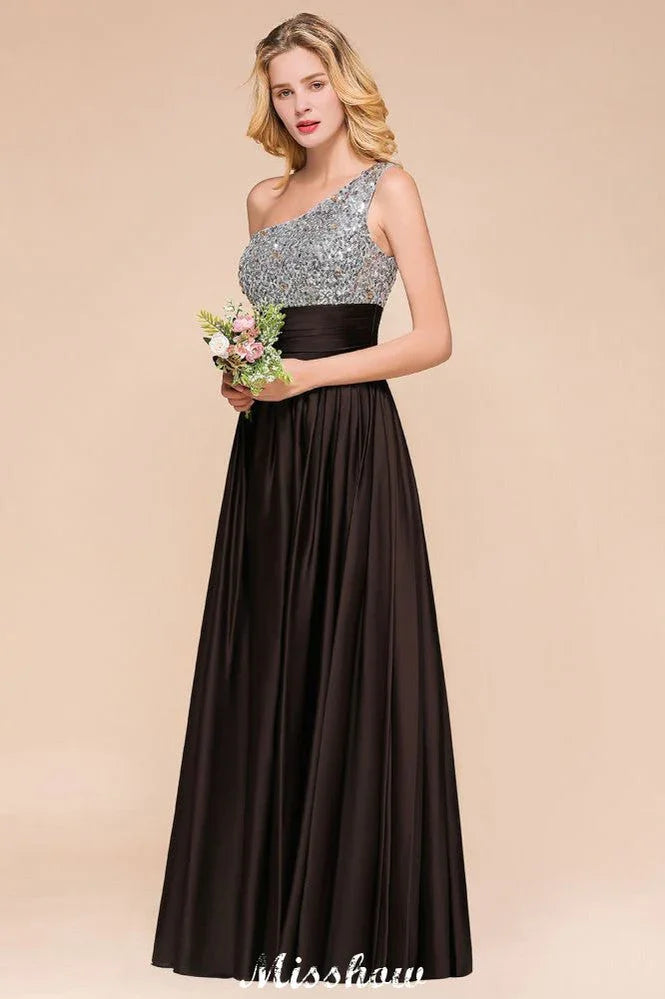 Glänzendes Pailletten-Kleiderjungfernkleid mit einer Schulter, langes Abendkleid, Hochzeitsfeierkleid