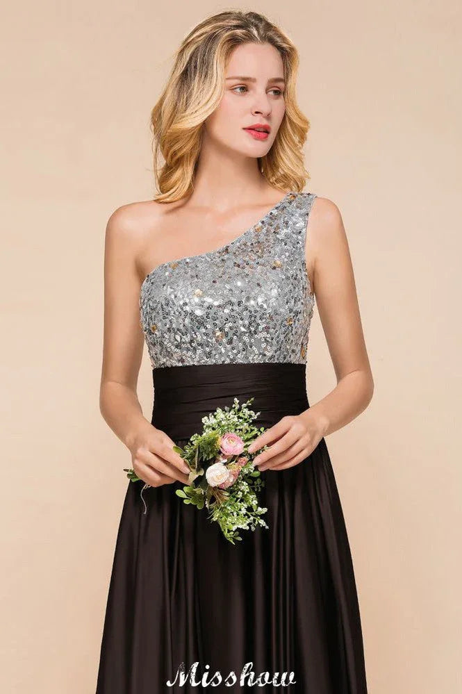 Glänzendes Pailletten-Kleiderjungfernkleid mit einer Schulter, langes Abendkleid, Hochzeitsfeierkleid