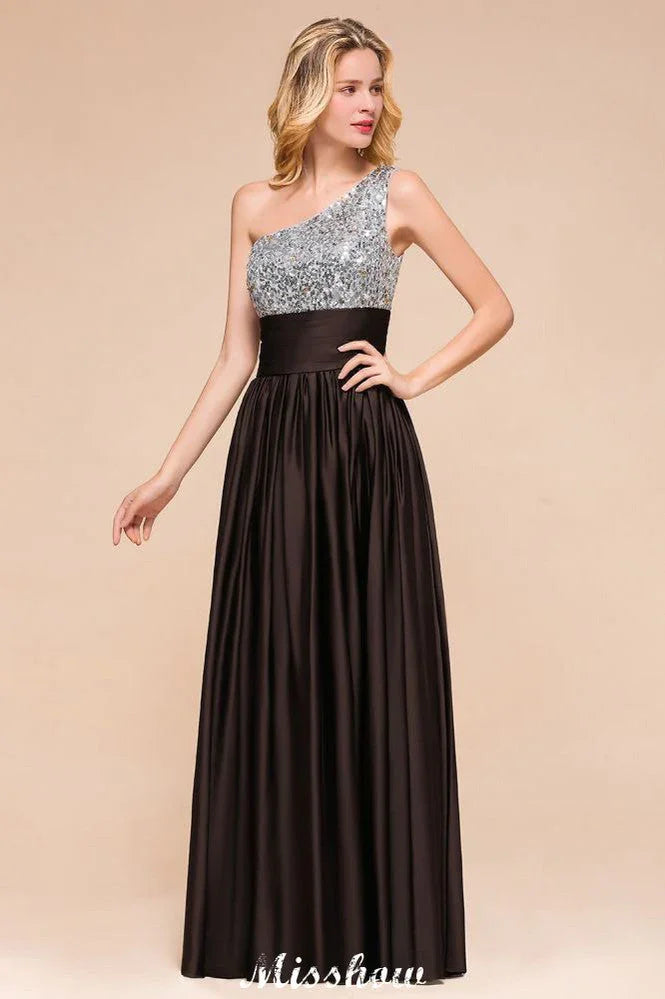 Glänzendes Pailletten-Kleiderjungfernkleid mit einer Schulter, langes Abendkleid, Hochzeitsfeierkleid
