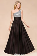 Glänzendes Pailletten-Kleiderjungfernkleid mit einer Schulter, langes Abendkleid, Hochzeitsfeierkleid