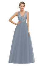 Glitzernde Pailletten V-Ausschnitt A-Linie Abend Maxikleid Tüll Ballkleid