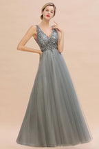 Glitzernde Pailletten V-Ausschnitt A-Linie Abend Maxikleid Tüll Ballkleid