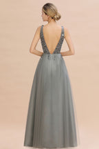 Glitzernde Pailletten V-Ausschnitt A-Linie Abend Maxikleid Tüll Ballkleid