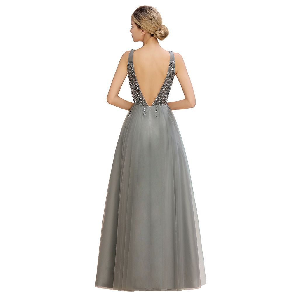 Glitzernde Pailletten V-Ausschnitt A-Linie Abend Maxikleid Tüll Ballkleid