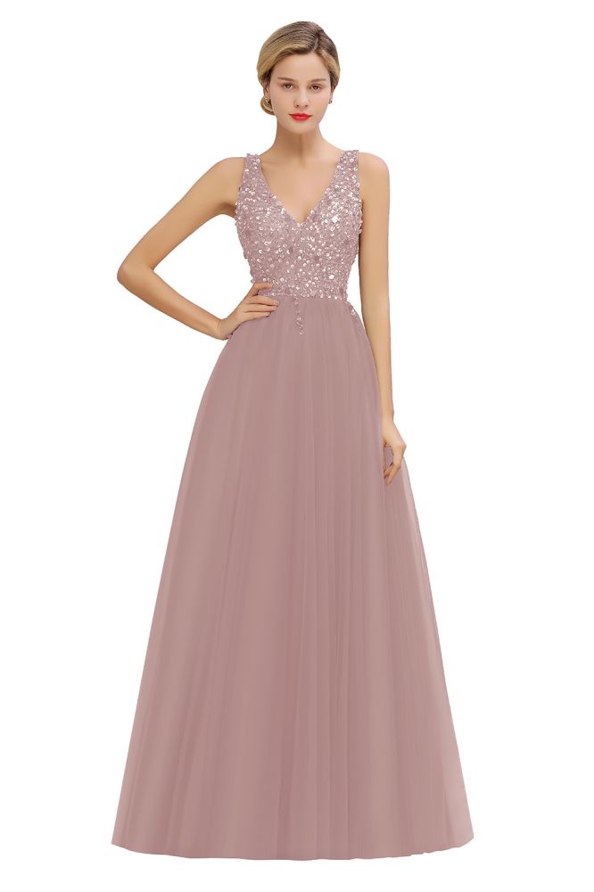 Glitzernde Pailletten V-Ausschnitt A-Linie Abend Maxikleid Tüll Ballkleid