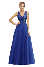 Glitzernde Pailletten V-Ausschnitt A-Linie Abend Maxikleid Tüll Ballkleid