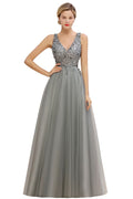 Glitzernde Pailletten V-Ausschnitt A-Linie Abend Maxikleid Tüll Ballkleid
