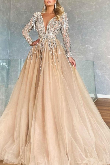 Robe de bal à manches longues en forme de A avec col en V scintillant et perles