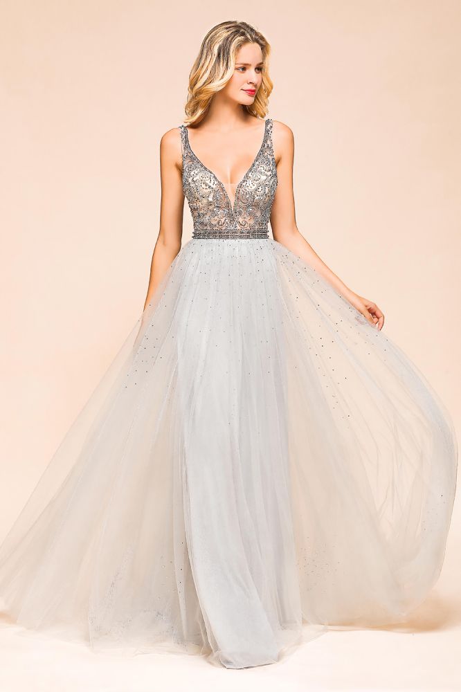 Funkelndes A-Linien-Abendkleid mit V-Ausschnitt und bodenlangem ärmellosem Hochzeitspartykleid