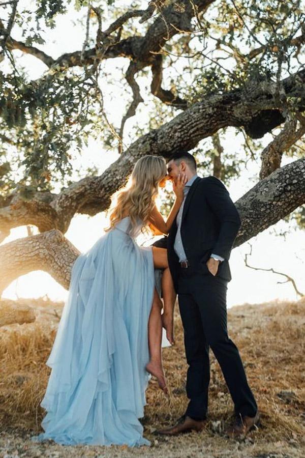 Abiti da sposa rustici azzurro cielo divisi Abito da sposa da spiaggia con strascico a coda di rondine