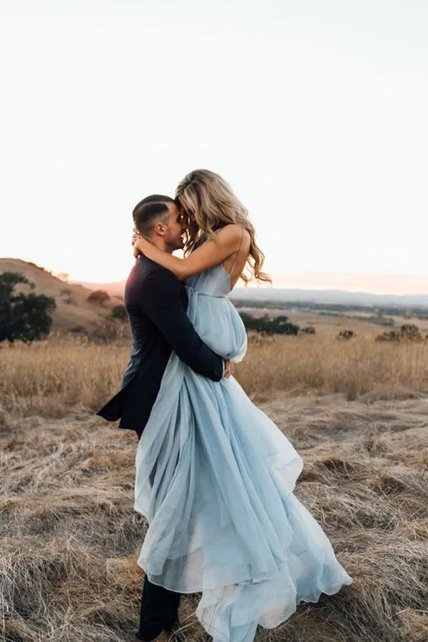 Abiti da sposa rustici azzurro cielo divisi Abito da sposa da spiaggia con strascico a coda di rondine
