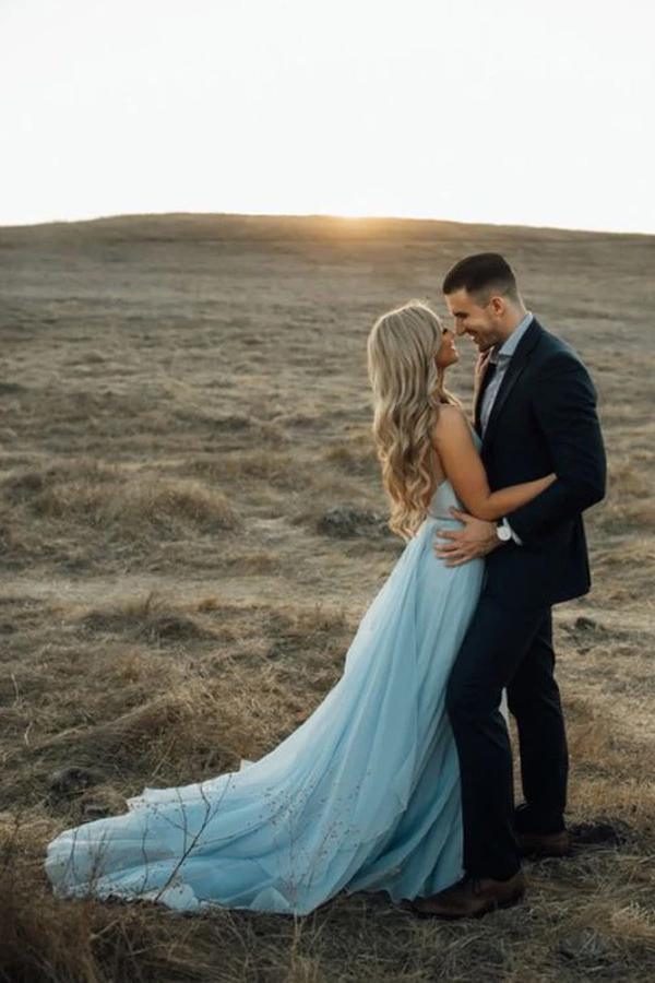 Abiti da sposa rustici azzurro cielo divisi Abito da sposa da spiaggia con strascico a coda di rondine