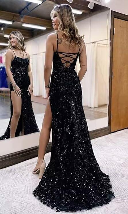 Vestido largo de escote cuadrado azul real con lentejuelas