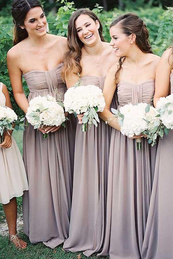 Vestido de Dama de Honra Cinzento em Chiffon Comprido até ao Chão sem Alças com Pregas BD029