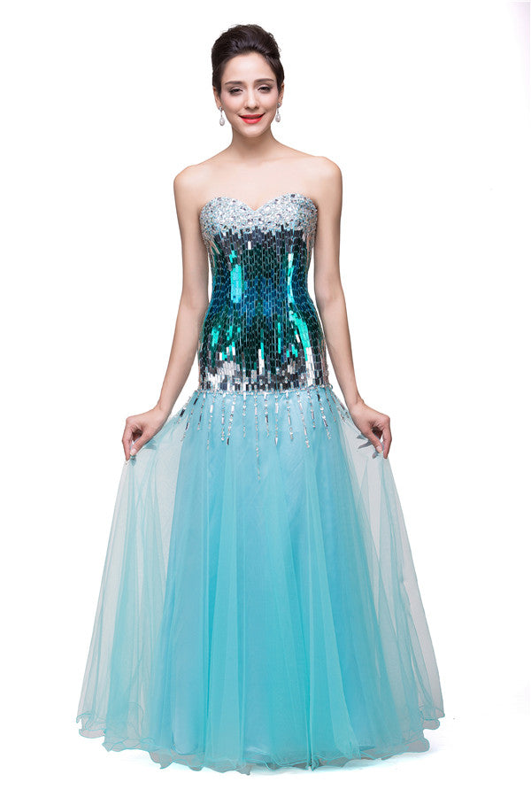 Robe de bal sirène longue au sol sans bretelles en tulle pailleté