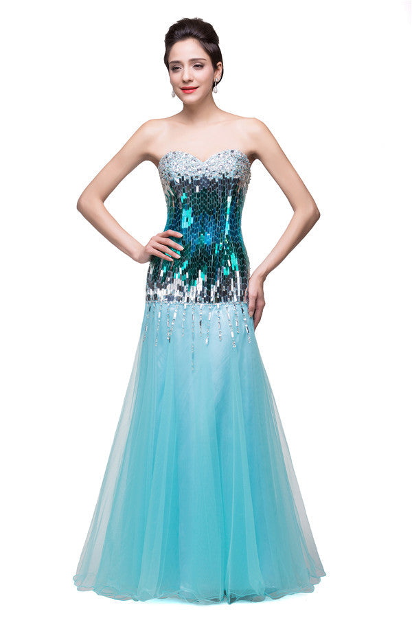 Robe de bal sirène longue au sol sans bretelles en tulle pailleté