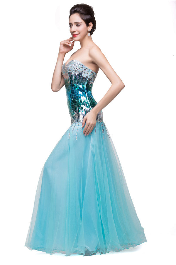 Robe de bal sirène longue au sol sans bretelles en tulle pailleté
