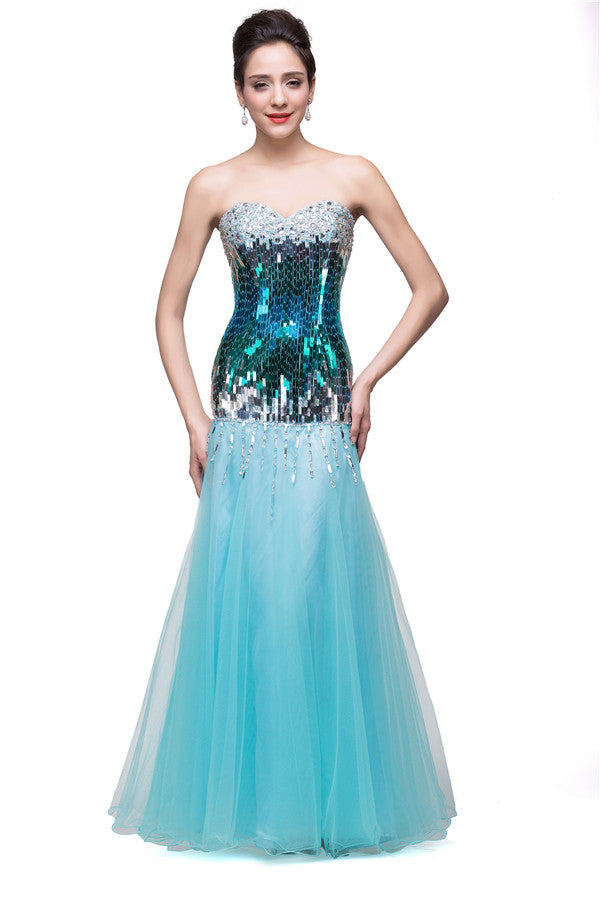 Robe de bal sirène longue au sol sans bretelles en tulle pailleté