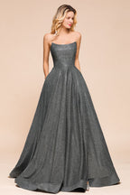 Trägerloses Glitzer-Aline-Abendkleid, ärmellos, Schlitz vorne, Tanzpartykleid