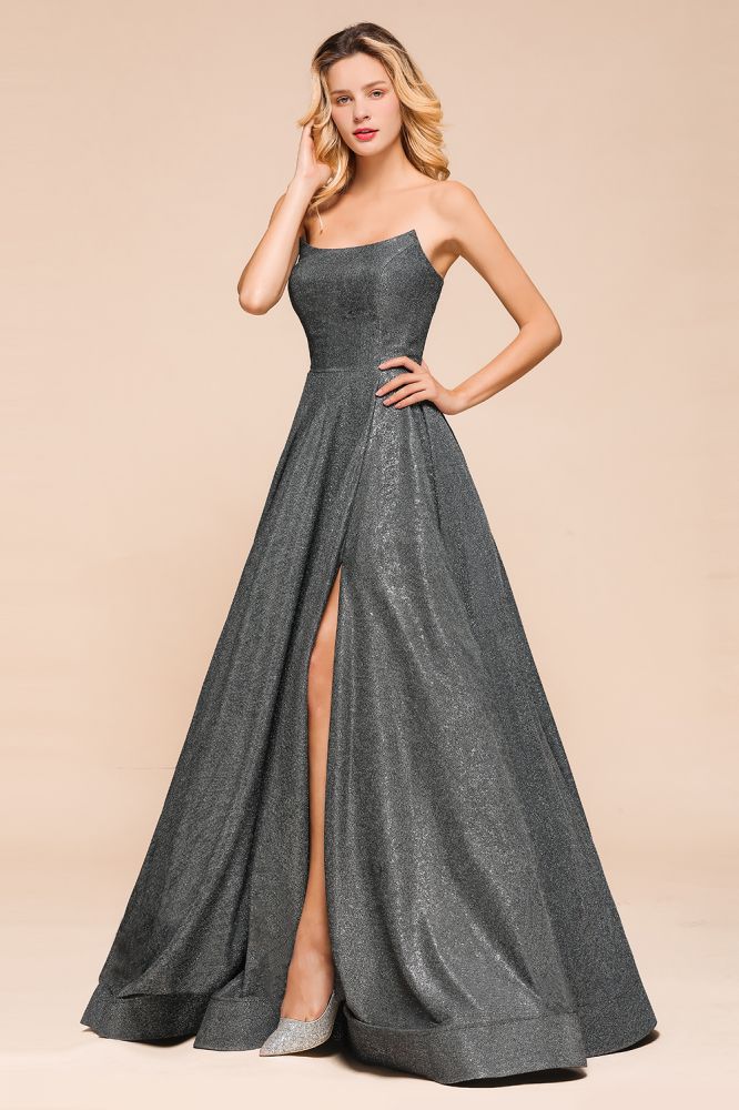 Trägerloses Glitzer-Aline-Abendkleid, ärmellos, Schlitz vorne, Tanzpartykleid
