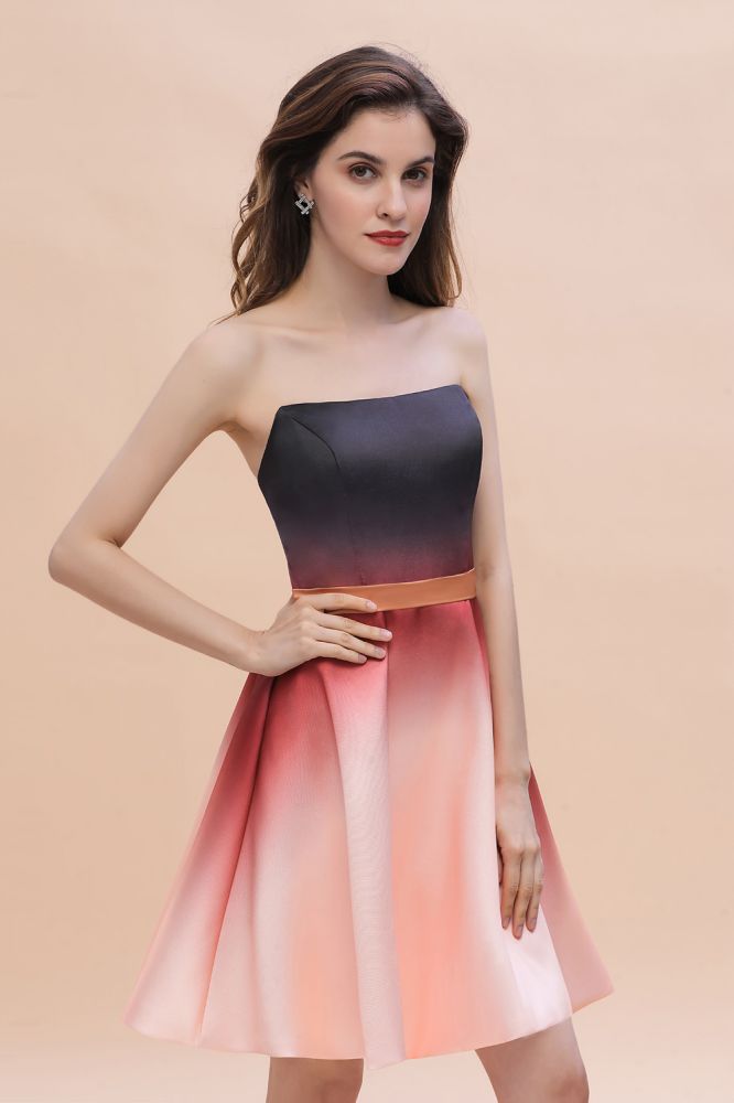 Strapless Gradient Satin Mini Party Dress Knee Length Homecoming Dress
