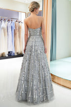 Strapless Sequined Chiffon Party Dress A-line Floor Length Prom Dress
