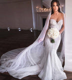 Abito da sposa sirena con scollo a cuore senza spalline, applicazioni di perline, tulle, abbigliamento nuziale