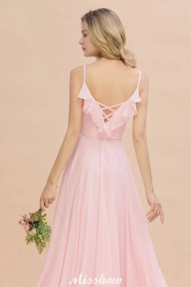 Träger Herzform Rosa Brautjungfernkleid Rückenfrei Chiffon Abendkleid
