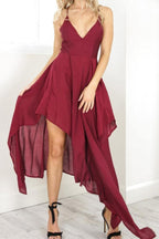 Straps V Neck Burgundy High Low Party Dress Homecoming Dresses