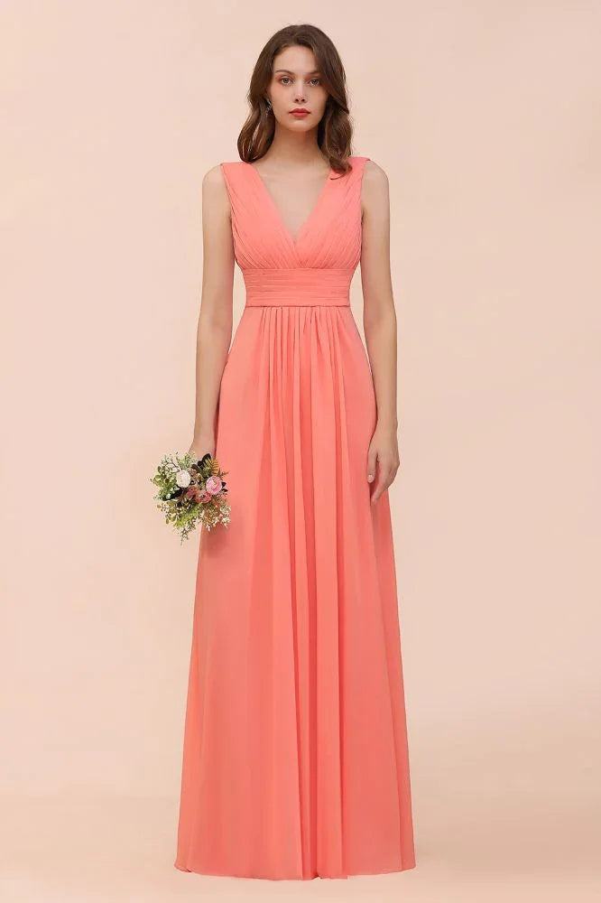 Vestido de Dama de Honra com Alças, Decote em V, Comprimento até ao Chão, para Festa de Casamento