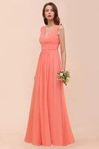 Vestido de Dama de Honra com Alças, Decote em V, Comprimento até ao Chão, para Festa de Casamento