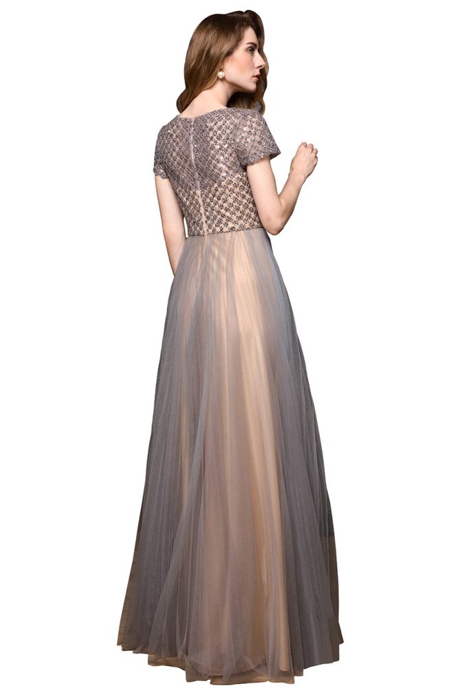 Impresionante vestido de noche largo Aline de quinceañera con mangas cortas