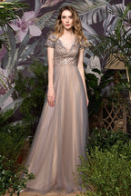 Impresionante vestido de noche largo Aline de quinceañera con mangas cortas