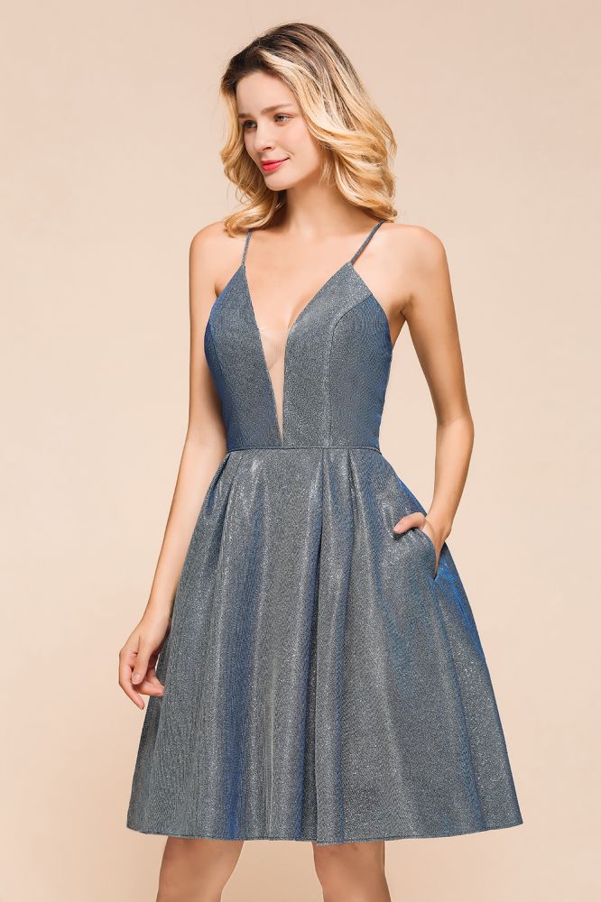 Ravissante robe mini de fête en soie éclatante à double encolure en V, sans manches, robe de bal de fin d'année
