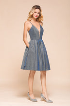 Ravissante robe mini de fête en soie éclatante à double encolure en V, sans manches, robe de bal de fin d'année