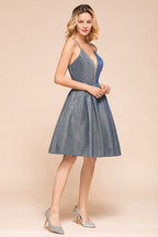 Ravissante robe mini de fête en soie éclatante à double encolure en V, sans manches, robe de bal de fin d'année