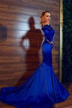 Éblouissante robe de soirée bleu royal à col licou en satin, robe sirène de bal