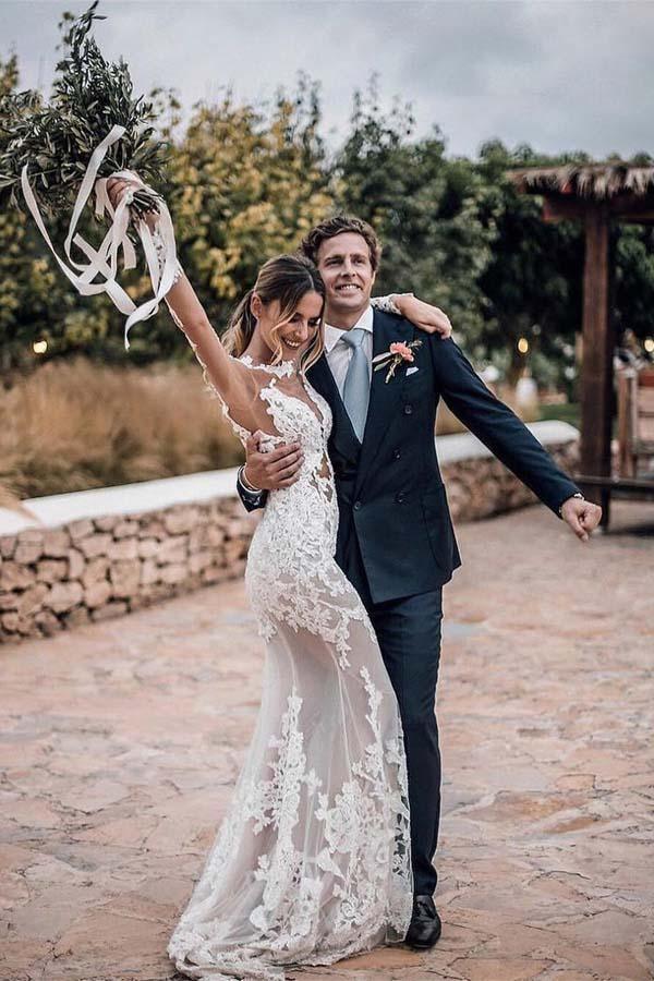 Meravigliosi applicazioni di pizzo trasparenti abito da sposa sirena rustico con maniche