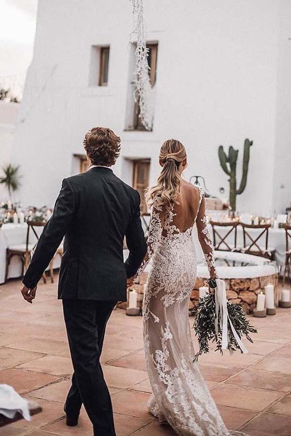 Meravigliosi applicazioni di pizzo trasparenti abito da sposa sirena rustico con maniche
