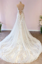 Vestido de Noiva Deslumbrante em Tule Comprido com Decote Coração, Aplicações e Renda em Corte A