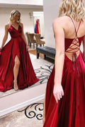 Robe de bal longue éblouissante en satin, coupe trapèze, décolleté en V, dos nu avec fente