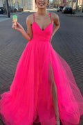 Robe de bal longue éblouissante en tulle, coupe en A, col en V, bretelles fines, avec fente